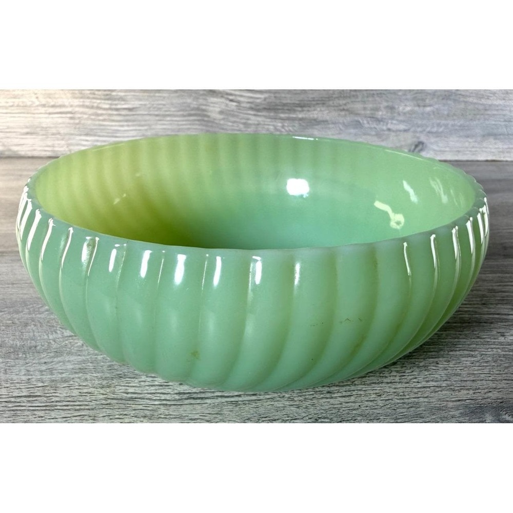 Vintage Jadeite Fire King 6" Ribbed Swirled Bowl Bulb Planter MCM Green EUC